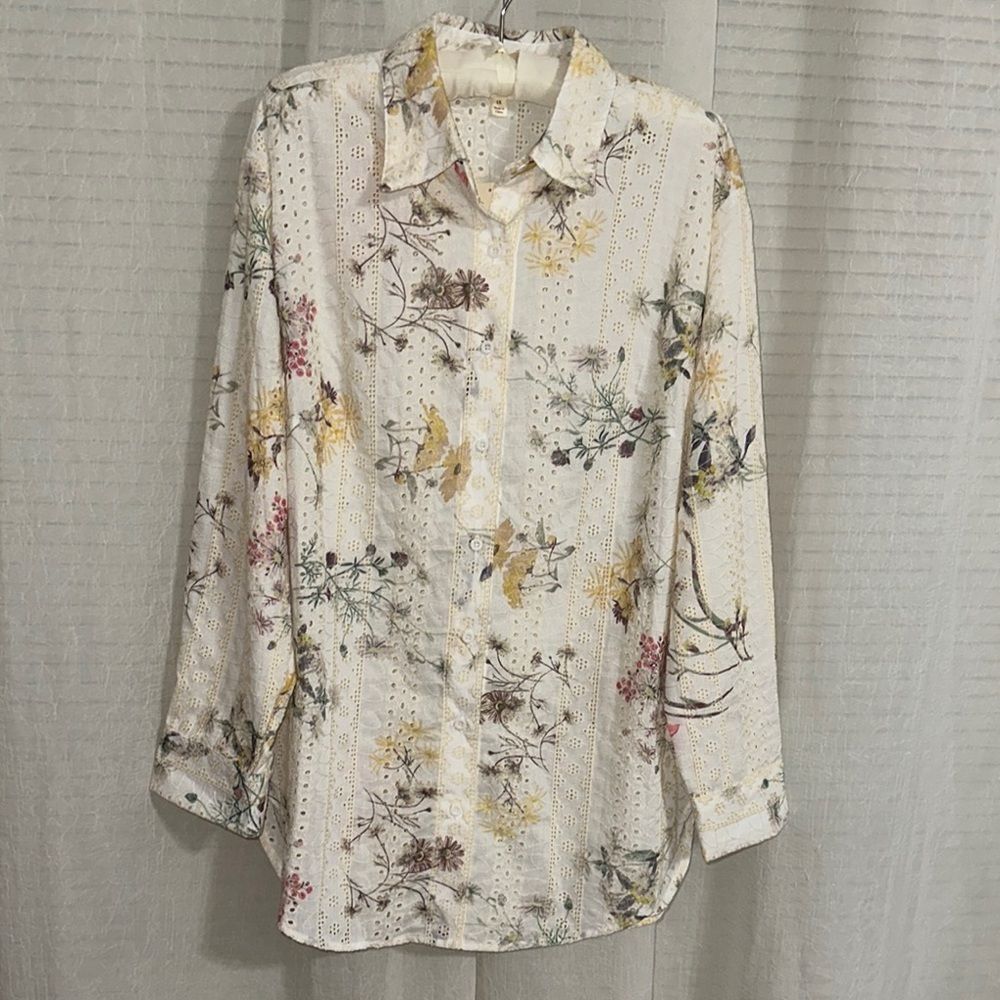 ADIVA 1X Ivory Embroidered Eyelet Floral Button Down Long Sleeve Shirt